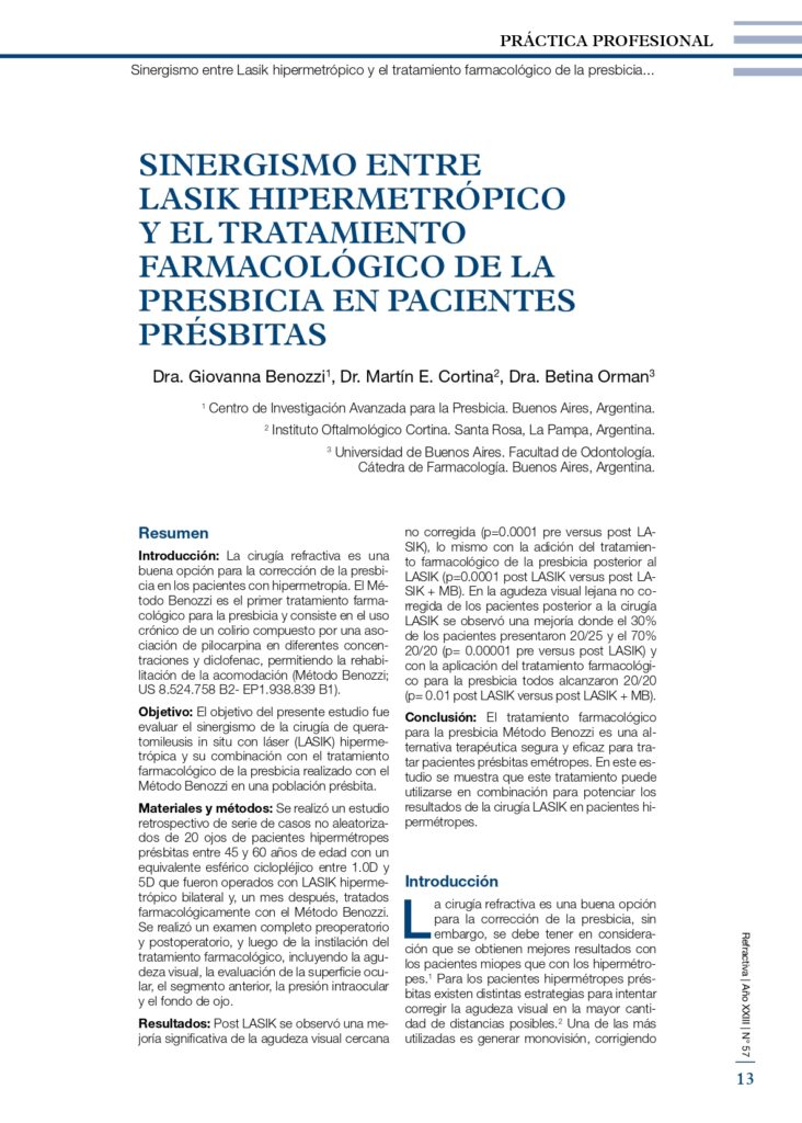 Sinergismo entre LASIK hipermetrópico y el tratamiento farmacológico de la presbicia en pacientes présbitas